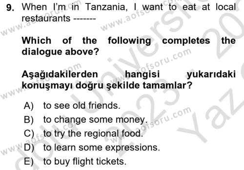 İngilizce 2 Dersi 2023 - 2024 Yılı Yaz Okulu Sınavı 9. Soru