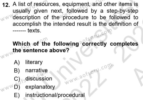 Communication Skills And Academic Reporting 1 Dersi 2022 - 2023 Yılı (Vize) Ara Sınavı 12. Soru