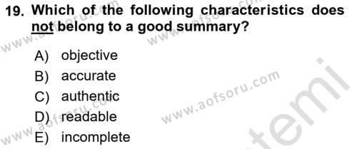 Communication Skills And Academic Reporting 1 Dersi 2022 - 2023 Yılı (Final) Dönem Sonu Sınavı 19. Soru