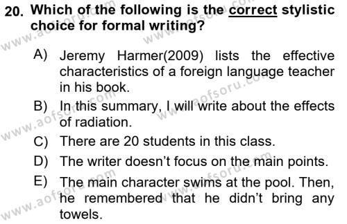 Communication Skills And Academic Reporting 1 Dersi 2022 - 2023 Yılı (Final) Dönem Sonu Sınavı 20. Soru