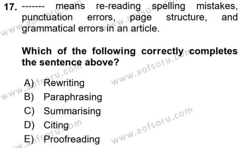 Communication Skills And Academic Reporting 1 Dersi 2022 - 2023 Yılı Yaz Okulu Sınavı 17. Soru