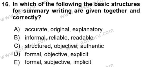 Communication Skills And Academic Reporting 1 Dersi 2023 - 2024 Yılı (Final) Dönem Sonu Sınavı 16. Soru