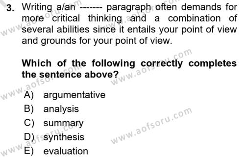 Communication Skills And Academic Reporting 1 Dersi 2023 - 2024 Yılı (Final) Dönem Sonu Sınavı 3. Soru