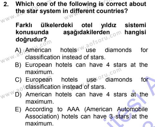 Turizm İçin 1ngilizce 1 Dersi 2012 - 2013 Yılı (Final) Dönem Sonu Sınavı 2. Soru