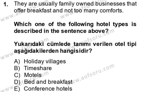 Turizm İçin 1ngilizce 1 Dersi 2013 - 2014 Yılı Tek Ders Sınavı 1. Soru