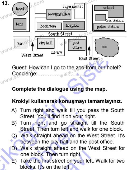 Turizm İçin İngilizce Dersi 2013 - 2014 Yılı (Final) Dönem Sonu Sınavı 13. Soru