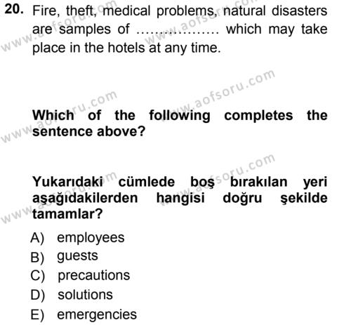 Turizm İçin İngilizce Dersi 2013 - 2014 Yılı (Final) Dönem Sonu Sınavı 20. Soru