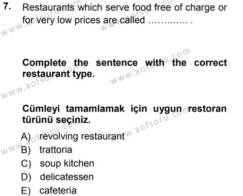 Turizm İçin İngilizce Dersi 2014 - 2015 Yılı Tek Ders Sınavı 7. Soru