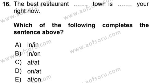 Turizm İçin İngilizce Dersi 2016 - 2017 Yılı 3 Ders Sınavı 16. Soru