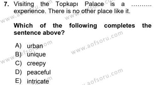 Turizm İçin İngilizce Dersi 2016 - 2017 Yılı 3 Ders Sınavı 7. Soru