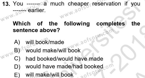 Turizm İçin İngilizce Dersi 2017 - 2018 Yılı (Vize) Ara Sınavı 13. Soru