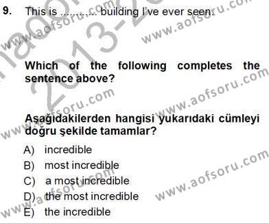 İngilizce 3 Dersi 2013 - 2014 Yılı Tek Ders Sınavı 9. Soru
