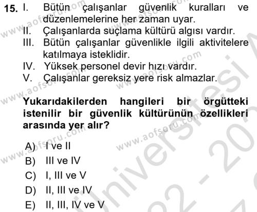 İş Sağlığı ve Güvenliğinin Temelleri Dersi 2022 - 2023 Yılı Yaz Okulu Sınavı 15. Soru