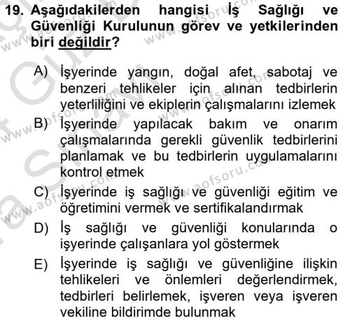 İş Sağlığı ve Güvenliğinin Temelleri Dersi 2023 - 2024 Yılı (Vize) Ara Sınavı 19. Soru