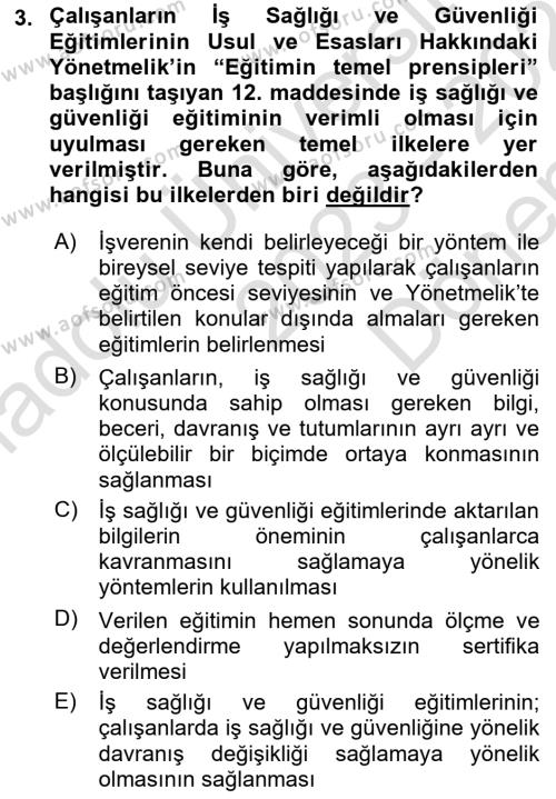 İş Sağlığı ve Güvenliğinin Temelleri Dersi 2023 - 2024 Yılı (Final) Dönem Sonu Sınavı 3. Soru