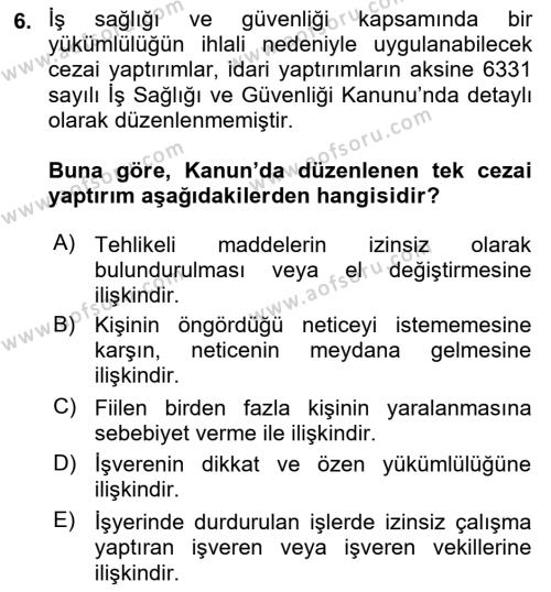 İş Sağlığı ve Güvenliğinin Temelleri Dersi 2023 - 2024 Yılı (Final) Dönem Sonu Sınavı 6. Soru