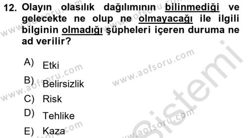 Yönetim Sistemleri ve Risk Yönetimi Dersi 2022 - 2023 Yılı Yaz Okulu Sınavı 12. Soru