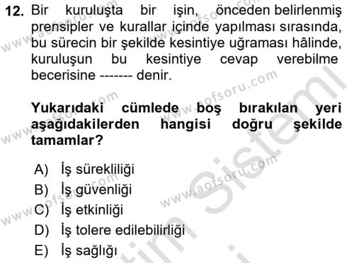 Yönetim Sistemleri ve Risk Yönetimi Dersi 2023 - 2024 Yılı (Vize) Ara Sınavı 12. Soru