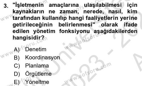 Yönetim Sistemleri ve Risk Yönetimi Dersi 2023 - 2024 Yılı (Vize) Ara Sınavı 3. Soru