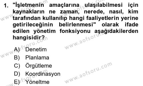 Yönetim Sistemleri ve Risk Yönetimi Dersi 2023 - 2024 Yılı (Final) Dönem Sonu Sınavı 1. Soru