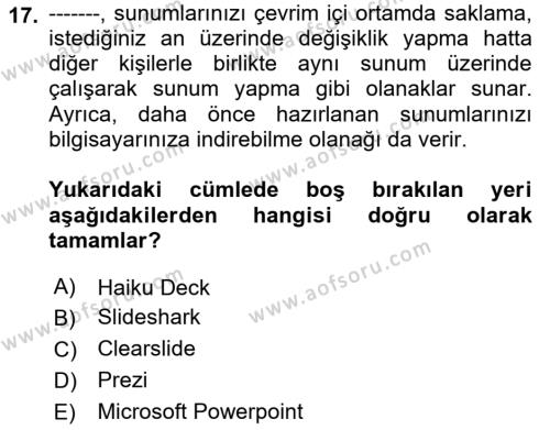 Çalışma Hayatında Bilgi ve Belge Yönetimi Dersi 2021 - 2022 Yılı (Final) Dönem Sonu Sınavı 17. Soru