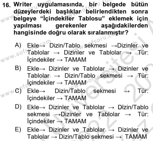 Çalışma Hayatında Bilgi ve Belge Yönetimi Dersi 2022 - 2023 Yılı Yaz Okulu Sınavı 16. Soru