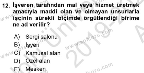 İş Sağlığı ve Güvenliği Mevzuatı Dersi 2019 - 2020 Yılı (Vize) Ara Sınavı 12. Soru