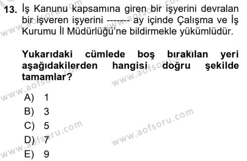 İş Sağlığı ve Güvenliği Mevzuatı Dersi 2019 - 2020 Yılı (Vize) Ara Sınavı 13. Soru