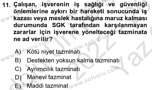 İş Sağlığı ve Güvenliği Mevzuatı Dersi 2022 - 2023 Yılı Yaz Okulu Sınavı 11. Soru