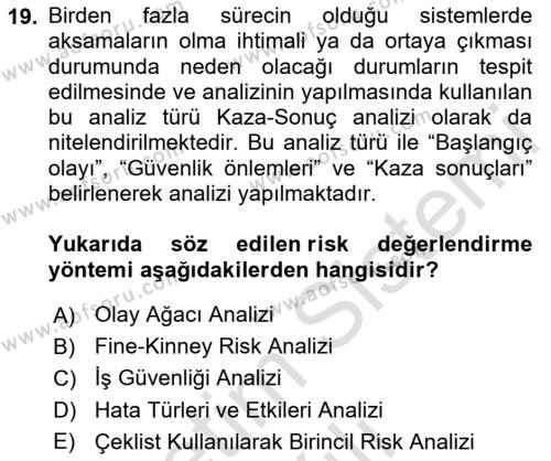 Çevre Sağlığı ve Güvenliği Dersi 2020 - 2021 Yılı Yaz Okulu Sınavı 19. Soru