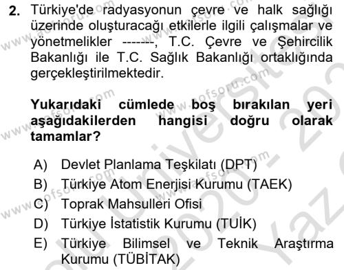 Çevre Sağlığı ve Güvenliği Dersi 2020 - 2021 Yılı Yaz Okulu Sınavı 2. Soru