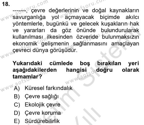 Çevre Sağlığı ve Güvenliği Dersi 2021 - 2022 Yılı (Vize) Ara Sınavı 18. Soru