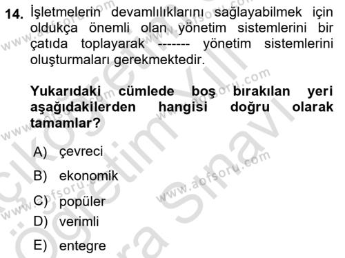 Çevre Sağlığı ve Güvenliği Dersi 2023 - 2024 Yılı (Vize) Ara Sınavı 14. Soru