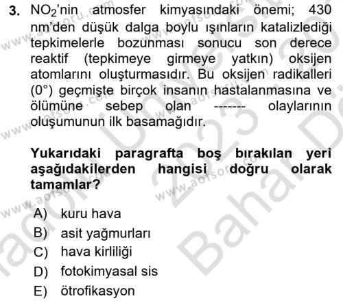 Çevre Sağlığı ve Güvenliği Dersi 2023 - 2024 Yılı (Vize) Ara Sınavı 3. Soru