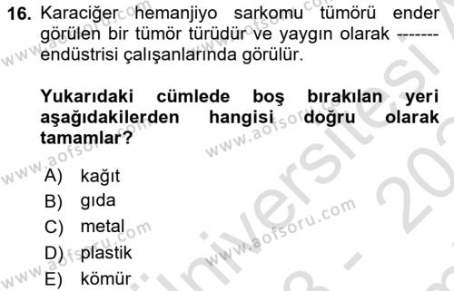 Çevre Sağlığı ve Güvenliği Dersi 2023 - 2024 Yılı (Final) Dönem Sonu Sınavı 16. Soru