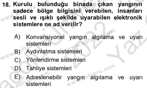 Temel Yangın Güvenliği Dersi 2022 - 2023 Yılı Yaz Okulu Sınavı 18. Soru