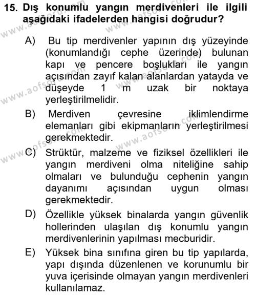 Temel Yangın Güvenliği Dersi 2023 - 2024 Yılı (Final) Dönem Sonu Sınavı 15. Soru