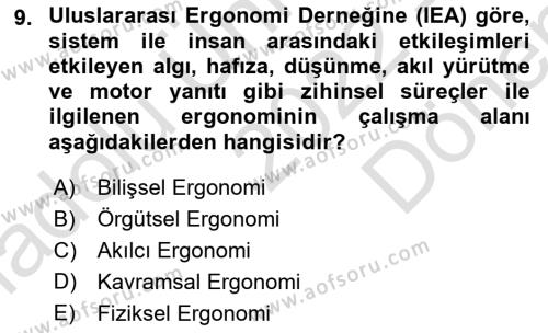 İş Hijyeni ve Ergonomi Dersi 2022 - 2023 Yılı (Final) Dönem Sonu Sınavı 9. Soru