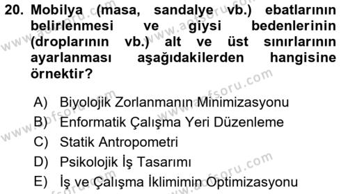 İş Hijyeni ve Ergonomi Dersi 2022 - 2023 Yılı Yaz Okulu Sınavı 20. Soru