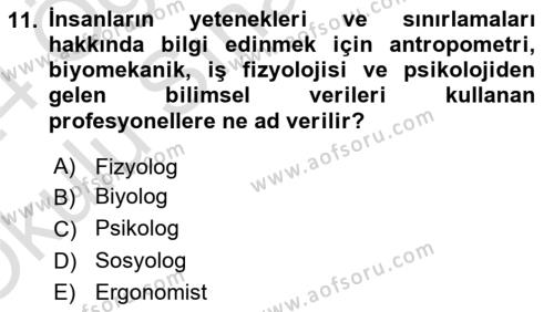 İş Hijyeni ve Ergonomi Dersi 2023 - 2024 Yılı Yaz Okulu Sınavı 11. Soru