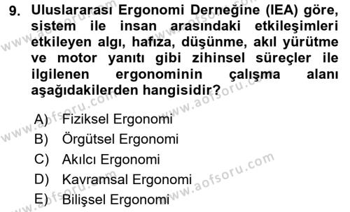 İş Hijyeni ve Ergonomi Dersi 2023 - 2024 Yılı Yaz Okulu Sınavı 9. Soru