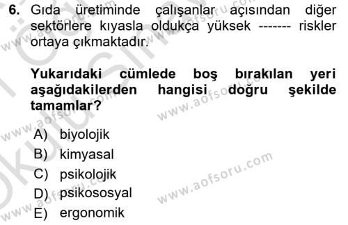 Sektörel İş Sağlığı ve Güvenliği Dersi 2020 - 2021 Yılı Yaz Okulu Sınavı 6. Soru