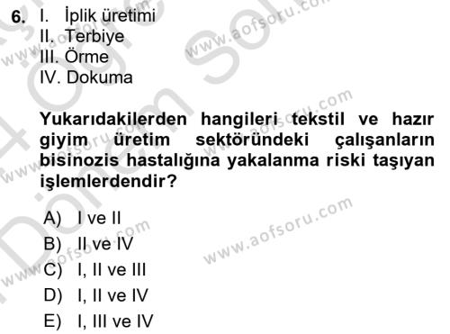 Sektörel İş Sağlığı ve Güvenliği Dersi 2023 - 2024 Yılı (Final) Dönem Sonu Sınavı 6. Soru