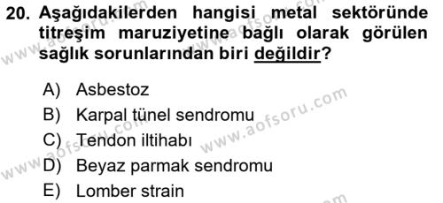 Maden, Metal ve İnşaat Sektörlerinde İş Sağlığı ve Güvenliği Dersi 2021 - 2022 Yılı Yaz Okulu Sınavı 20. Soru