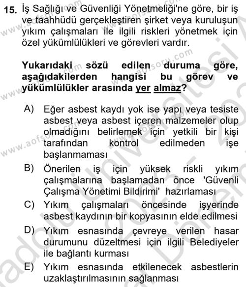 Maden, Metal ve İnşaat Sektörlerinde İş Sağlığı ve Güvenliği Dersi 2023 - 2024 Yılı (Final) Dönem Sonu Sınavı 15. Soru