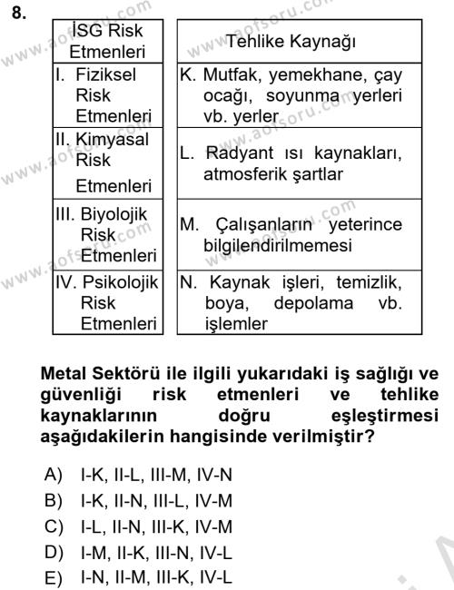 Maden, Metal ve İnşaat Sektörlerinde İş Sağlığı ve Güvenliği Dersi 2023 - 2024 Yılı (Final) Dönem Sonu Sınavı 8. Soru