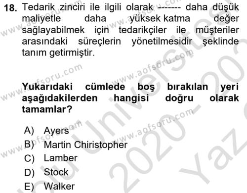 Tehlikeli Madde Taşımacılığı ve Güvenliği Dersi 2020 - 2021 Yılı Yaz Okulu Sınavı 18. Soru