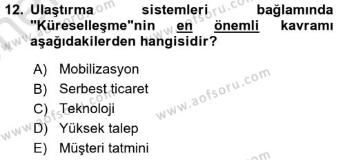 Tehlikeli Madde Taşımacılığı ve Güvenliği Dersi 2021 - 2022 Yılı (Vize) Ara Sınavı 12. Soru