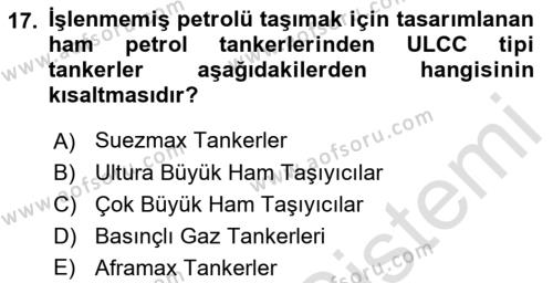 Tehlikeli Madde Taşımacılığı ve Güvenliği Dersi 2021 - 2022 Yılı (Vize) Ara Sınavı 17. Soru