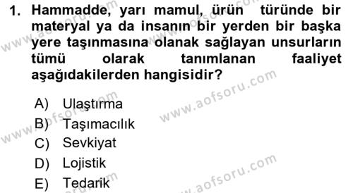 Tehlikeli Madde Taşımacılığı ve Güvenliği Dersi 2022 - 2023 Yılı Yaz Okulu Sınavı 1. Soru